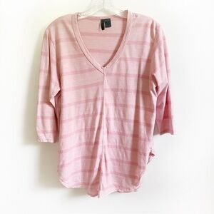Left of Center Anthropologie shirt pink striped v neck curved hem